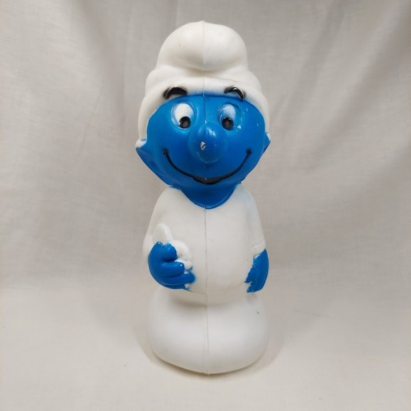 Smurf Blow Mold Plastic Coin Money Piggy Bank Peyo 1982 A J Renzi No 25 Vintage - Picture 1 of 16